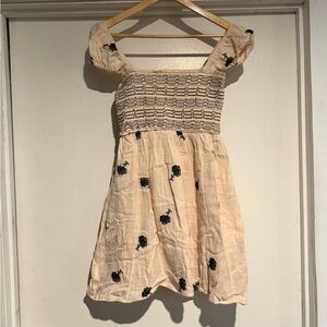 Cream Smocked Sundress with Black Floral Embroidery